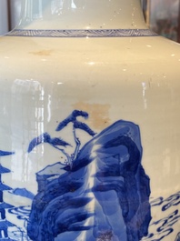 A Chinese blue and white rouleau vase with figures in a mountainous landscape, Kangxi