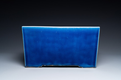 A Chinese rectangular blue-glazed jardini&egrave;re on wooden stand, 19th C.