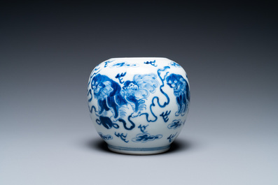 A Chinese blue and white 'Buddhist lions' brush washer, Kangxi mark, 19th C.