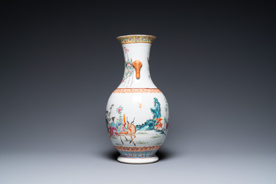 A Chinese famille rose 'deer carriage' vase, 19th C.
