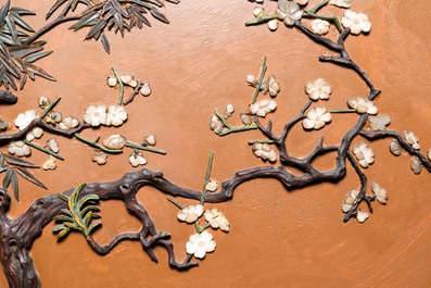 A pair of Chinese wooden table screens with soapstone- and bone-embellished medallions, 18/19th C.