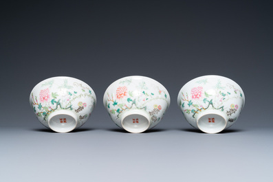 Three Chinese famille rose bowls with floral design, Hongxian mark, Republic