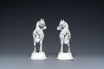 A pair of white Dutch Delft horses, 18th C.