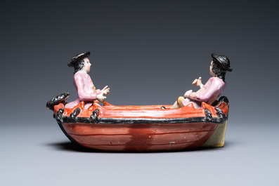 A rare polychrome petit feu Dutch Delft 'rowing boat' group, 2nd half 18th C.