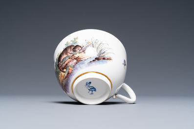 A The Hague-decorated Ansbach porcelain 'leopard and otter' cup and saucer, 18th C.