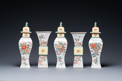 A Chinese famille verte five-piece garniture with floral design, 19th C.