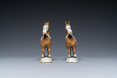 A pair of polychrome Dutch Delft horses, 18th C.