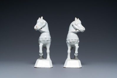 A pair of white Dutch Delft horses, 18th C.