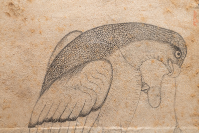 Miniature persane: 'Un faucon debout', crayon sur papier, 18/19&egrave;me