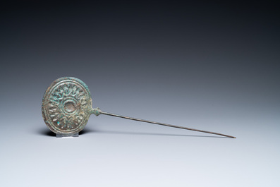 Two large Luristan bronze disc-headed clothing pins, Iran, 1st millenium BC