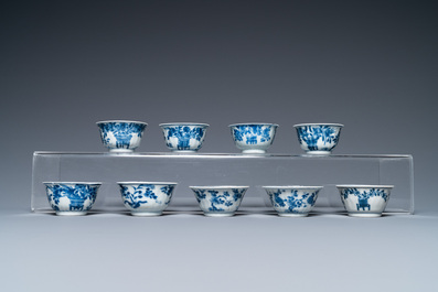 Ten Chinese blue and white saucers and nine cups, Kangxi