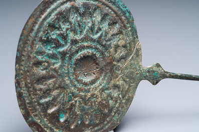 Two large Luristan bronze disc-headed clothing pins, Iran, 1st millenium BC