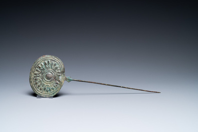 Two large Luristan bronze disc-headed clothing pins, Iran, 1st millenium BC
