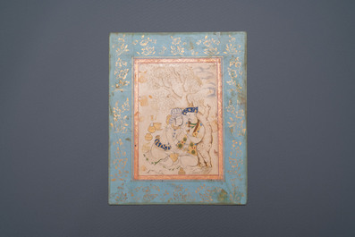 Een Perzische miniatuur op papier: 'Liefkozend koppel tegen een boom', 18/19e eeuw