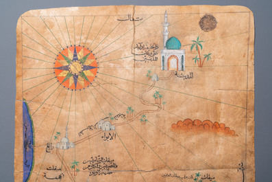 Ottoman school: 'A map centrally depicting the Kaaba in Mecca', ink and colour on paper, 19th C.