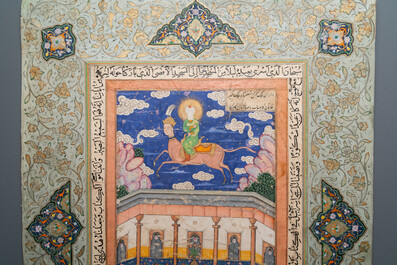 Miniature persane: 'Le proph&egrave;te sur son coursier Bouraq', gouache rehauss&eacute;e d'or sur papier, 19&egrave;me