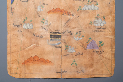 Ottoman school: 'A map centrally depicting the Kaaba in Mecca', ink and colour on paper, 19th C.