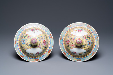 A pair of Chinese famille rose vases and covers, Qianlong mark, Republic