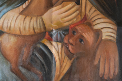 Persian school: Haji Bektash Veli with a deer and a lion, oil on canvas, 20th C.