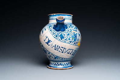 An Antwerp maiolica blue, white and yellow wet drug jar inscribed S DE ABSINTHIC, 3rd quarter 16th C.