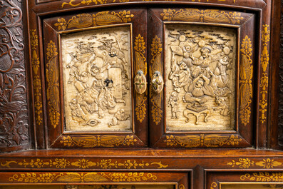 A Japanese 'chigaidansu' gilt-lacquered wood cabinet with finely carved ivory insets, Meiji, 19th C.