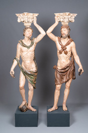 Hercules en Mercurius, een uitzonderlijk paar gepolychromeerde houten telamons, Noord-Itali&euml;, 17e eeuw