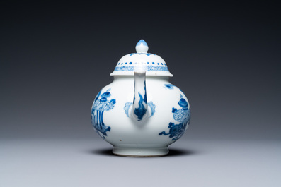 A Chinese blue and white 'antiquities' teapot, Yu mark, Kangxi