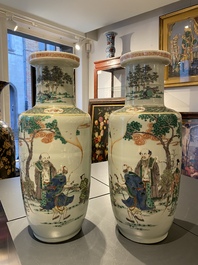 A pair of Chinese famille verte rouleau vases, Kangxi mark, 19th C.