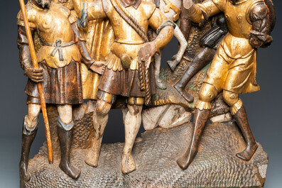 A polychromed walnut wood retable fragment depicting soldiers, Spain, 1st half 16th C.