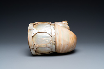 An Indo-Portuguese mother-of-pearl and nautilus shell powder horn, Gujarat, India, 17/18th C.