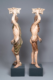 Hercules and Mercury, a pair of impressive large polychromed wooden telamons, Northern Italy, 17th C.