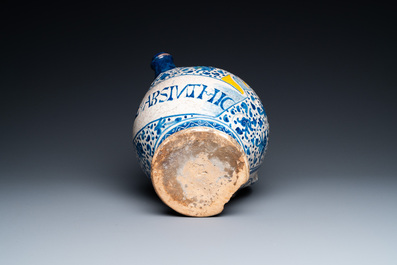 An Antwerp maiolica blue, white and yellow wet drug jar inscribed S DE ABSINTHIC, 3rd quarter 16th C.