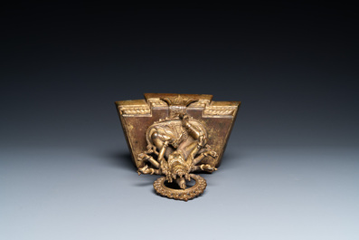 A Sino-Tibetan gilt bronze figure of Ushnishavijaya on a lotus throne with an inscription on the back, 18th C.