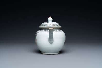 A Chinese grisaille 'mating hen and rooster' teapot and cover, Yongzheng/Qianlong