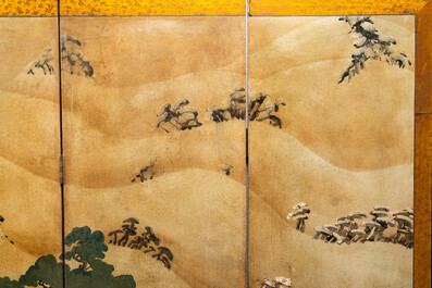 A Japanese painted five-panel 'Byobu' folding screen with a landscape, signed Zi Yu Ji Yang - 子玉吉羊, Edo, 18/19th C.