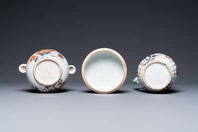 Three Chinese Imari-style teapots, a silver-mounted ewer and a covered bowl, Kangxi