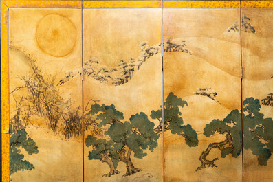 A Japanese painted five-panel 'Byobu' folding screen with a landscape, signed Zi Yu Ji Yang - 子玉吉羊, Edo, 18/19th C.