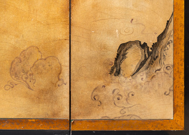Un &eacute;cran de type 'Byobu' de cinq feuilles en papier peint &agrave; d&eacute;cor d'un paysage, sign&eacute; Zi Yu Ji Yang - 子玉吉羊, Japon, Edo, 18/19&egrave;me