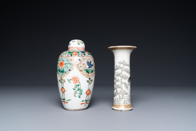 A Chinese famille verte jar and cover and a grisaille and gilt vase, Kangxi and Yongzheng