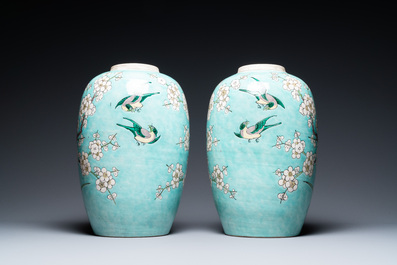 A pair of Chinese verte biscuit turquoise-ground jars, 19th C.