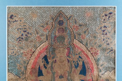 A Chinese or Tibetan silk 'Avalokiteshvara' thangka, Ming