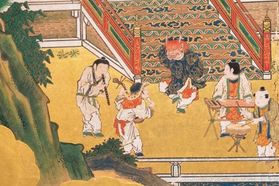 A Japanese painted six-panel 'Byobu' folding screen with playing boys, Edo, 18/19th C.