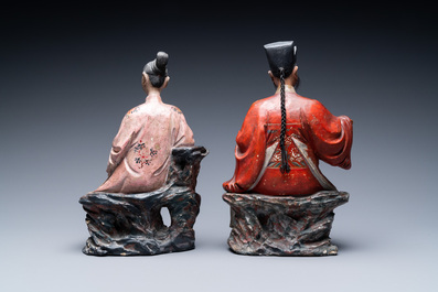 A pair of Chinese painted pottery nodding head figures, Qianlong