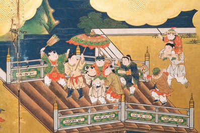 A Japanese painted six-panel 'Byobu' folding screen with playing boys, Edo, 18/19th C.