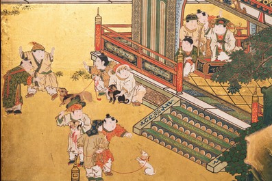 Een Japans zesdelig beschilderd 'Byobu' scherm met spelende jongens, Edo, 18/19e eeuw