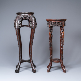Four Chinese marble-top carved wooden stands, 19/20th C.