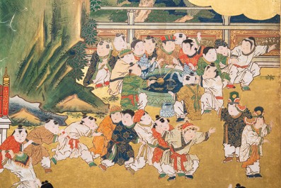 A Japanese painted six-panel 'Byobu' folding screen with playing boys, Edo, 18/19th C.