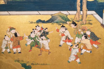 A Japanese painted six-panel 'Byobu' folding screen with playing boys, Edo, 18/19th C.