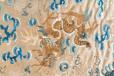 A large rectangular Chinese gold thread-embroidered silk panel decorated with four four-clawed dragons, Qing