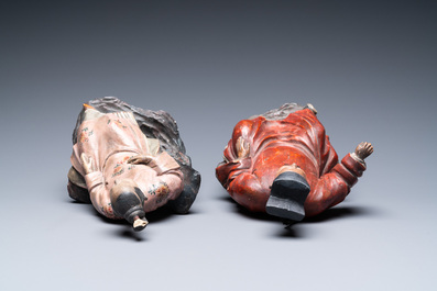 A pair of Chinese painted pottery nodding head figures, Qianlong